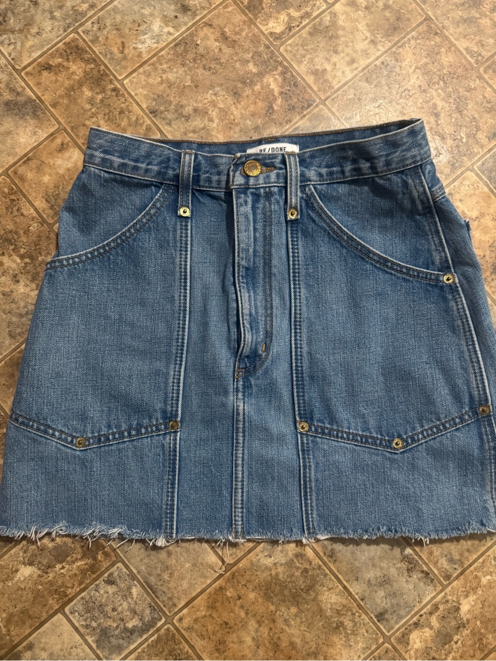 Re/Done Light Blue Denim Mini Skirt with Frayed Hem
